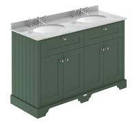 Old London Matt 4 Door Vanity Unit with Grey Marble Countertop and 2 Round Ceramic 3 Tap Hole Basins | Hunter Green | MDF | 1200mm