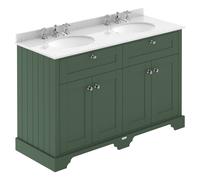 Old London Matt 4 Door Vanity Unit with White Marble Countertop and 2 Round Ceramic 3 Tap Hole Basins | Hunter Green | MDF | 1200mm