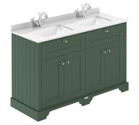 Old London Matt 4 Door Vanity Unit with White Marble Countertop and 2 Square Ceramic Basins | Hunter Green | MDF | 1200mm