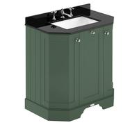 Old London Matt Angled 2 Door Vanity Unit with Black Marble Countertop and Square Ceramic 3 Tap Hole Basin | Hunter Green | MDF | 600mm