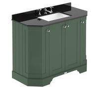 Old London Matt Angled 4 Door Vanity Unit with Black Marble Countertop and Square Ceramic 3 Tap Hole Basin | Hunter Green | MDF | 1000mm