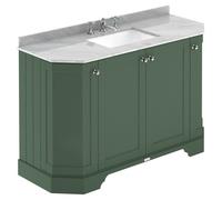 Old London Matt Angled 4 Door Vanity Unit with Grey Marble Countertop and Square Ceramic 3 Tap Hole Basin | Hunter Green | MDF | 1200mm