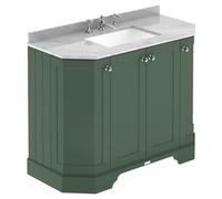 Old London Matt Angled 4 Door Vanity Unit with Grey Marble Countertop and Square Ceramic 3 Tap Hole Basin | Hunter Green | MDF | 1000mm