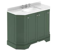 Old London Matt Angled 4 Door Vanity Unit with White Marble Countertop and Square Ceramic 3 Tap Hole Basin | Hunter Green | MDF | 1000mm