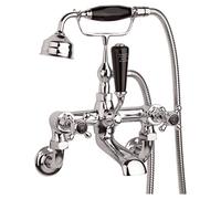 Old London Topaz Black Crosshead Wall Mounted Bath Shower Mixer Tap and Shower Kit with Hex Collar | Chrome | Brass | 350mm x 320mm