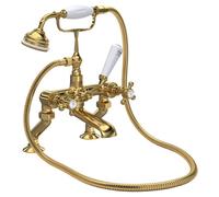 Old London Topaz White Crosshead Bath Shower Mixer Tap and Shower Kit with Hex Collar | Brushed Brass | 350mm x 320mm x 155mm