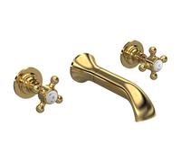 Old London Topaz White Crosshead Wall Mounted 3 Tap Hole Basin Mixer Tap with Hex Collar | Brushed Brass | 55mm x 55mm x 180mm