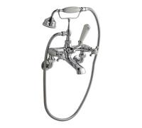 Old London Topaz White Crosshead Wall Mounted Bath Shower Mixer Tap and Shower Kit with Dome Collar | Chrome | Brass | 350mm x 320mm x 155mm