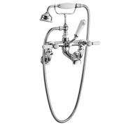 Old London Topaz White Lever Wall Mounted Bath Shower Mixer Tap and Shower Kit with Hex Collar | Chrome | Brass | 350mm x 320mm x 155mm