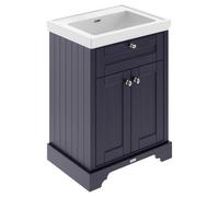 Hudson Reed LOF344 Old London Traditional Bathroom Floor Standing 2 Door Vanity Unit & 0 Tap Hole Fireclay Basin, 600mm, Twilight Blue
