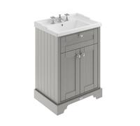 Old London Woodgrain 2 Door Vanity Unit and Edwardian 3 Tap Hole Basin | Storm Grey | MDF | 600mm