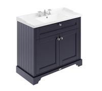 Old London Woodgrain 2 Door Vanity Unit and Edwardian 3 Tap Hole Basin | Twilight Blue | MDF | 1000mm