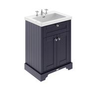 Old London Woodgrain 2 Door Vanity Unit and Minimalist 3 Tap Hole Fireclay Basin | Twilight Blue | MDF | 600mm