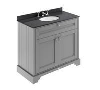 Old London Woodgrain 2 Door Vanity Unit with Black Marble Countertop and Round Ceramic 3 Tap Hole Basin | Storm Grey | MDF | 1000mm