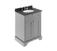 Old London Woodgrain 2 Door Vanity Unit with Black Marble Countertop and Round Ceramic 3 Tap Hole Basin | Storm Grey | MDF | 600mm