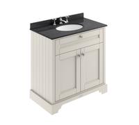 Old London Woodgrain 2 Door Vanity Unit with Black Marble Countertop and Round Ceramic 3 Tap Hole Basin | Timeless Sand | MDF | 800mm