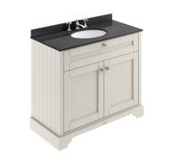 Old London Woodgrain 2 Door Vanity Unit with Black Marble Countertop and Round Ceramic 3 Tap Hole Basin | Timeless Sand | MDF | 1000mm