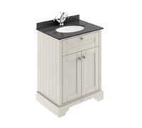 Old London Woodgrain 2 Door Vanity Unit with Black Marble Countertop and Round Ceramic Basin | Timeless Sand | MDF | 600mm