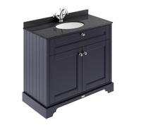 Old London Woodgrain 2 Door Vanity Unit with Black Marble Countertop and Round Ceramic Basin | Twilight Blue | MDF | 1000mm