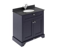 Old London Woodgrain 2 Door Vanity Unit with Black Marble Countertop and Round Ceramic Basin | Twilight Blue | MDF | 800mm