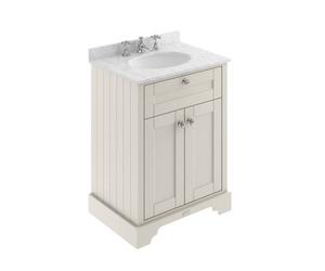 Old London Woodgrain 2 Door Vanity Unit with Grey Marble Countertop and Round Ceramic 3 Tap Hole Basin | Timeless Sand | MDF | 600mm