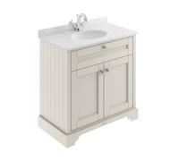 Old London Woodgrain 2 Door Vanity Unit with Grey Marble Countertop and Round Ceramic Basin | Timeless Sand | MDF | 800mm