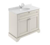 Old London Woodgrain 2 Door Vanity Unit with Grey Marble Countertop and Round Ceramic Basin | Timeless Sand | MDF | 1000mm