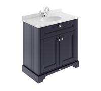 Old London Woodgrain 2 Door Vanity Unit with Grey Marble Countertop and Round Ceramic Basin | Twilight Blue | MDF | 800mm