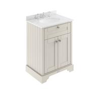 Old London Woodgrain 2 Door Vanity Unit with White Marble Countertop and Round Ceramic 3 Tap Hole Basin | Timeless Sand | MDF | 600mm