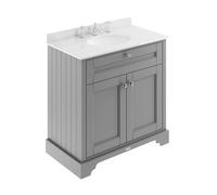 Old London Woodgrain 2 Door Vanity Unit with White Marble Countertop and Round Ceramic 3 Tap Hole Basin | Storm Grey | MDF | 800mm