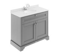 Old London Woodgrain 2 Door Vanity Unit with White Marble Countertop and Round Ceramic Basin | Storm Grey | MDF | 1000mm