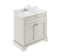 Old London Woodgrain 2 Door Vanity Unit with White Marble Countertop and Round Ceramic Basin | Timeless Sand | MDF | 800mm