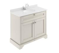 Old London Woodgrain 2 Door Vanity Unit with White Marble Countertop and Round Ceramic Basin | Timeless Sand | MDF | 1000mm