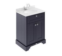 Old London Woodgrain 2 Door Vanity Unit with White Marble Coutnertop and Round Ceramic Basin | Twilight Blue | MDF | 600mm
