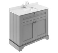 Old London Woodgrain 2 Door Vanity Unit with White Marble Countertop and Square Ceramic Basin | Storm Grey | MDF | 1000mm