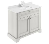 Old London Woodgrain 2 Door Vanity Unit with White Marble Countertop and Square Ceramic Basin | Timeless Sand | MDF | 1000mm