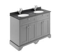 Old London Woodgrain 4 Door Vanity Unit with Black Marble Countertop and 2 Round Ceramic Basins | Storm Grey | MDF | 1200mm
