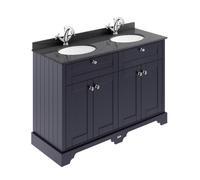 Old London Woodgrain 4 Door Vanity Unit with Black Marble Countertop and 2 Round Ceramic Basins | Twilight Blue | MDF | 1200mm