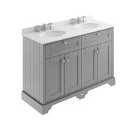 Old London Woodgrain 4 Door Vanity Unit with Grey Marble Countertop and 2 Round Ceramic 3 Tap Hole Basins | Storm Grey | MDF | 1200mm