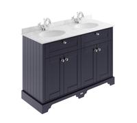 Old London Woodgrain 4 Door Vanity Unit with Grey Marble Countertop and 2 Round Ceramic Basins | Twilight Blue | MDF | 1200mm