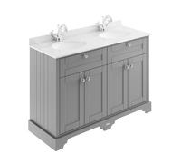 Old London Woodgrain 4 Door Vanity Unit with White Marble Countertop and 2 Round Ceramic Basins | Storm Grey | MDF | 1200mm