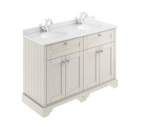 Old London Woodgrain 4 Door Vanity Unit with White Marble Countertop and 2 Round Ceramic Basins | Timeless Sand | MDF | 1200mm
