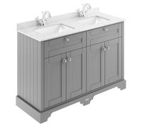 Old London Woodgrain 4 Door Vanity Unit with White Marble Countertop and 2 Square Ceramic Basins | Storm Grey | MDF | 1200mm