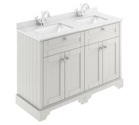 Old London Woodgrain 4 Door Vanity Unit with White Marble Countertop and 2 Square Ceramic Basins | Timeless Sand | MDF | 1200mm
