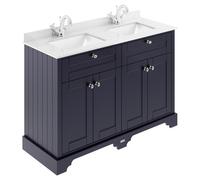 Old London Woodgrain 4 Door Vanity Unit with White Marble Countertop and 2 Square Ceramic Basins | Twilight Blue | MDF | 1200mm