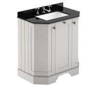 Old London Woodgrain Angled 2 Door Vanity Unit with Black Marble Countertop and Square Ceramic 3 Tap Hole Basin | Timeless Sand | MDF | 600mm