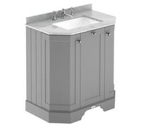 Old London Woodgrain Angled 2 Door Vanity Unit with Grey Marble Countertop and Square Ceramic 3 Tap Hole Basin | Storm Grey | MDF | 600mm