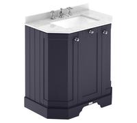Old London Woodgrain Angled 2 Door Vanity Unit with White Marble Countertop and Square Ceramic 3 Tap Hole Basin | Twilight Blue | MDF | 600mm