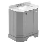 Old London Woodgrain Angled 2 Door Vanity Unit with White Marble Countertop and Square Ceramic 3 Tap Hole Basin | Storm Grey | MDF | 600mm