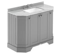 Old London Woodgrain Angled 4 Door Vanity Unit with Grey Marble Countertop and Square Ceramic 3 Tap Hole Basin | Storm Grey | MDF | 1000mm